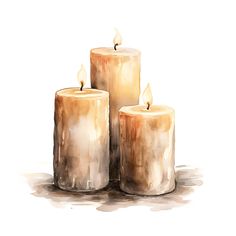 three lit candles sitting next to each other on top of a white surface with watercolor paint