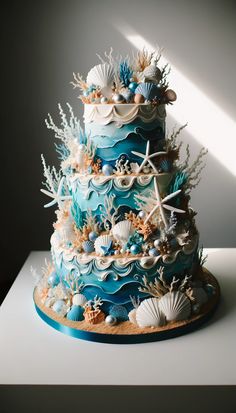 a blue and white cake with seashells on it