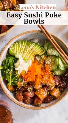 a bowl filled with sushi poke bowls next to chopsticks and sauce on the side