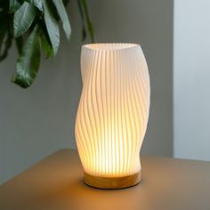 a white vase sitting on top of a table next to a plant