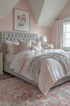 a bedroom with pink walls and white furniture