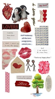 a collage of valentine's day images with words and pictures on them, including two