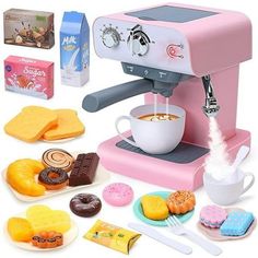 a pink toy coffee maker with lots of treats