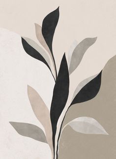 an abstract painting with black and grey leaves on the bottom half of it, against a beige background