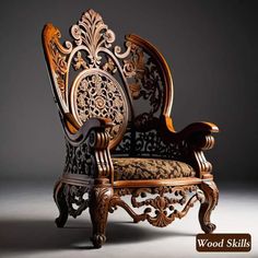 an ornate wooden chair with intricate carvings on the armrests and back, against a dark background