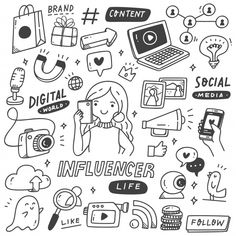 hand drawn doodles with social media icons and symbols on the theme of influence