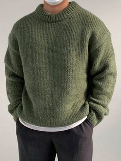 Olive Green Casual Collar Long Sleeve Knitwear Plain Pullovers Embellished High Stretch  Men Clothing Olive Green Sweater Outfit, Green Sweater Outfit, Mens Fall Outfits, Sweater Outfits Men, Male Sweaters, Mens Smart Casual Outfits, Oversized Sweater Outfit, Knit Sweater Outfit, Green Knit Sweater