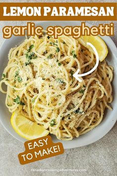 Lemon Parmesan Garlic Spaghetti Good Pasta, Garlic Spaghetti, Shrimp Dinner, Lemon Butter Sauce, Pasta Dinners, Fish Dinner, Lemon Butter