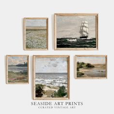 four seaside art prints are featured in an antique frame with the words seaside art prints below them