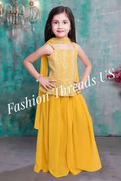 Latest design from our Fall 2022 collection  Girls Plazo (flare pants and top) set. Indian ethnic party-wear/festive-wear dress. Embroidery and Sequin design. High quality materials, latest style, breathable fabric, with light cancan lining under lehenga/skirt. 3 piece set : Plazo(flare pants) + Top + Dupatta (stoll). Skin friendly, feels soft and comfortable. Embroidery work with inner lining, no skin irritation for kids. Party wear, festive wear, wedding outfit. Plazo Top Designs, Kids Indian Party Dress, Skirt Plazo Design, Kids Haldi Outfit, Kids Designer Dresses Indian, Kids Indian Wear Designer, Haldi Dress For Kids, Lehenga Designs For Kids, Plazo Designs Latest Style