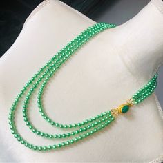 Handcrafted Triple Strand Green Czech Glass Pearl Genuine Emerald Clasp Necklace, High Quality Czech Glass Pearls In A Gorgeous Bright Green Tone, Gold Plated Metal Spacers, Handmade Genuine Emerald Stone Box Clasp Set In Gold Plate, Brand New, Handmade And One Of A Kind Elegant Statement Piece, Top Strand 24”/Bottom Strand 28”, Can Be Worn Displaying The Clasp As Shown Or In The Back. 6462 Tibetan Jewelry, Green Tone, Clasp Necklace, Box Clasp, Emerald Stone, Accessories Jewelry Necklace, Bead Jewellery, Green Bead, Women Accessories Jewelry