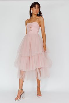 Seraphina Rose Bodice Tulle Midi Dress Blush Tulle Pink Dress, Hoco Fits, Tulle Dress Pink, Blush Midi Dress, Spring Formal, Selfie Leslie, Tulle Midi Dress, Satin Clutch, Yellow Bridesmaids