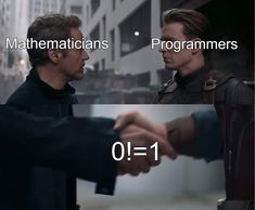 two men shaking hands in front of a cityscape with the words, mathematicians and programmers 0 = 1