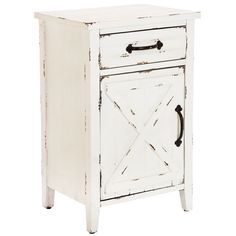 an old white wooden cabinet with two doors and one drawer on the bottom, sitting against a white background