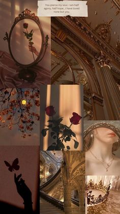 a collage of images with flowers and jewelry in them, including a chandelier