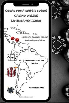 a cell phone with the map of latin america on it and casino chips in the background