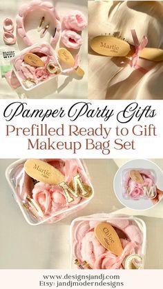 some pink items in plastic containers with tags on them and the words pamper party gifts are