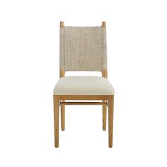 a wooden chair with a beige upholstered seat