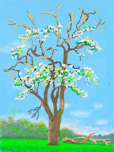 a painting of a tree with white flowers in the foreground and blue sky in the background