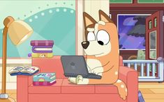 a cartoon dog sitting on a couch with a laptop in his lap and looking at the screen