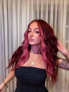 Maroon Hair Pink Money Piece, Red And Pink Highlights, Berry Pink Hair Color, Brown And Dark Pink Hair, Dark Pink And Brown Hair, Red And Peach Hair, Dark Pink And Light Pink Hair, Maroon Pink Hair