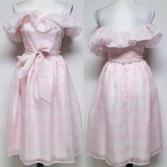 60s Vintage Union Made Pink Sherbet Off-Shoulder Ruffled Tie-Waist Midi Dress. - Ilgwu, Union Made - Peach, Pink, Blue, Green And White Stripes In A Pastel Hue And Made Of Organza - Spaghetti Straps And Ruffled Off-Shoulder Sleeves - Non-Stretchy - Fitted Waist, Tie-Waist With A Removable Sash - Full Skirt - Midi Length, Knee Length - Fully Lined - Made In The Usa Size 7-8, Small Approximate Measurements(Flatlay): Bust - 16.5 Inches Waist - 12.5 Inches Length (Bust Down) - 38.5 Inches Vintage Retro Mardi Gras Bohemian Boho Multicolor Flowy Romantic Ethereal Soft Feminine Bride Bridal Guest Bridesmaid Elegant Colorful Barbie Barbie Core Barbiecore Pastel Dress Sorbet Dress Easter Dress Tea Pink A-line Midi Dress With Ruffles, Pink Vintage Dress For Summer Party, Vintage White Off-shoulder Dress, White Vintage Off-shoulder Dress, White Off-shoulder Vintage Dress, Vintage Off-shoulder Dress With Ruffles, Vintage Pink Midi Dress For Party, Pink Sleeveless Vintage Dress With Ruffles, Pink Feminine Lined Midi Dress