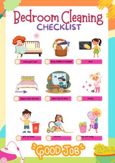 the bedroom cleaning checklist is displayed on a poster with other things to do in it