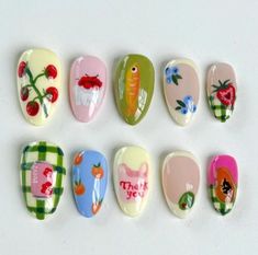 New Acrylic False Nails 10Pcs French Cute Design Handmade Press On Nails Medium Almond ABS Watermelon Strawberry, Retro Nails, Summery Nails, Fruit Garden, Minimalist Nails, Dream Nails