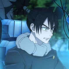 an anime character with black hair wearing a hoodie and looking off to the side