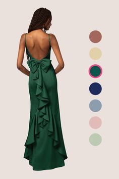 This stretch satin floor length dress features a straight neckline, adjustable spaghetti straps, a bow back, a ruffle design, and a mermaid skirt. Teal Prom Dresses, Dark Teal Dress, Prom Trends, Dark Green Bridesmaid Dress, Dark Navy Bridesmaid Dresses, Dark Green Dress, Navy Bridesmaid Dresses, Mermaid Bridesmaid Dresses, Ruffle Design