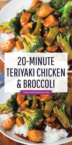 broccoli and chicken on a white plate with the words 20 - minute teriyaki chicken and broccoli