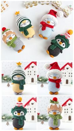 crocheted penguin ornaments are arranged in different ways