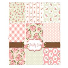 a patchwork quilt with pink roses and polka dots