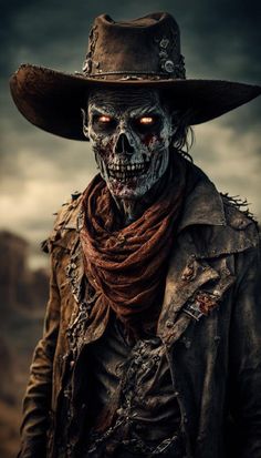 a skeleton wearing a cowboy hat and scarf in the middle of a desert area with dark clouds