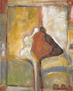 an abstract painting of a person sitting on a chair in front of a mirror with oranges and browns