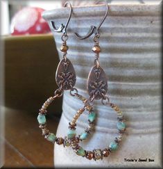 Copper Hoop Earrings with Czech Glass Beads, Crystals Rondelles, and Japanese Seed Beads Bohemian Hoop Earrings With Spacer Beads, Jewelry Making Earrings, Face Forward, Earrings Inspiration, Handmade Wire Jewelry, Beaded Hoops, Diy Earrings, Jewelry Tutorials, Czech Glass Beads