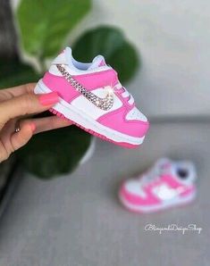 Blinged Out Shoes, Cute Pink Non-slip Sneakers, Pink Sneakers With Soft Round Toe, Pink Sneakers With Soft Sole And Round Toe, Pink Lace-up Sneakers With Soft Sole, Cute Nike High-top Sneakers, Cute Low-top Sneakers With Soft Sole, Baby Boy Shoes Nike, Custom Baby Shoes