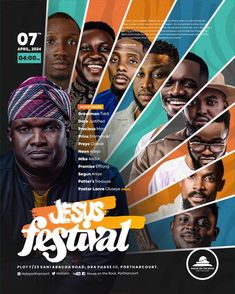 the movie poster for jesus's festival, featuring several men with different facial expressions