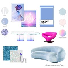 the color scheme is blue and white, with different items in it to create an artistic statement