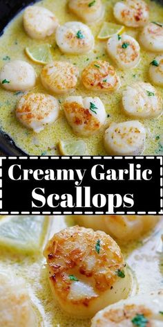 creamy garlic and scallops with lemon in a skillet