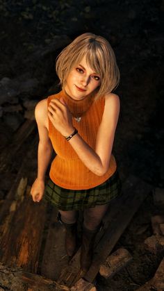 a woman with blonde hair wearing a brown sweater and green plaid skirt standing in the woods