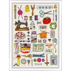 a cross stitch pattern with various sewing items on the front and back, including scissors, needles