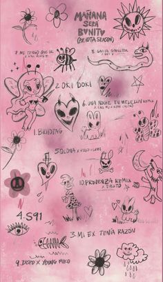 a pink poster with many drawings on it