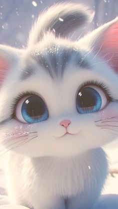 a white kitten with blue eyes sitting in the snow