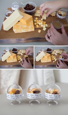 the cheese is being cut up and put into small containers on top of a cutting board