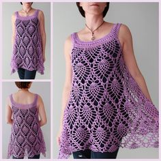 a woman is wearing a purple crocheted top