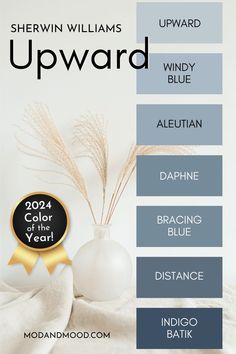 The Sherwin Williams Upward Color Strip features from light to dark: Upward, Windy Blue, Aleutian, Daphne, Bracing Blue, Distance, and Indigo Batik. Sherwin Williams Upward, Sherwin Williams Blue, Blue Walls Living Room, Light Blue Walls, Blue Gray Paint, New Paint Colors, Paint Color Inspiration, Interior House Colors, House Color Palettes