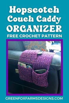 purple crocheted organizer with pockets hanging on side of leather sofa armchair. Contains gaming console and books in handy pockets Crochet Gift Ideas For Men, Birthday Crochet Gift Ideas, Couch Organizer, Sofa Organizer, Chair Pockets, Awesome Crochet, Bottle Cozies, Patterned Chair