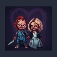 two cartoon characters dressed as zombies holding a knife