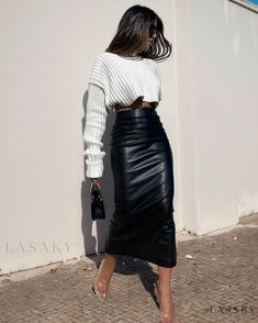 Lasaky - Premium Leather Bodycon Midi Skirt with Elegant Back Slit - High-waisted, Stylish and Alluring Design Black Bodycon Skirt, Long Leather Skirt, Streetwear Spring, Leather Skirt Outfit, Skirt Tulle, Bodycon Midi Skirt, Skirts Women, Elegante Casual, Long Skirts For Women